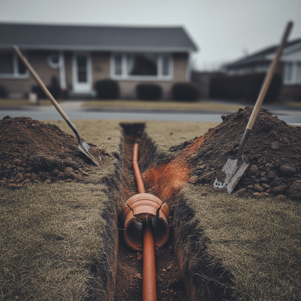 Baustelle mit aufgegrabenem Rohr im Vorgarten