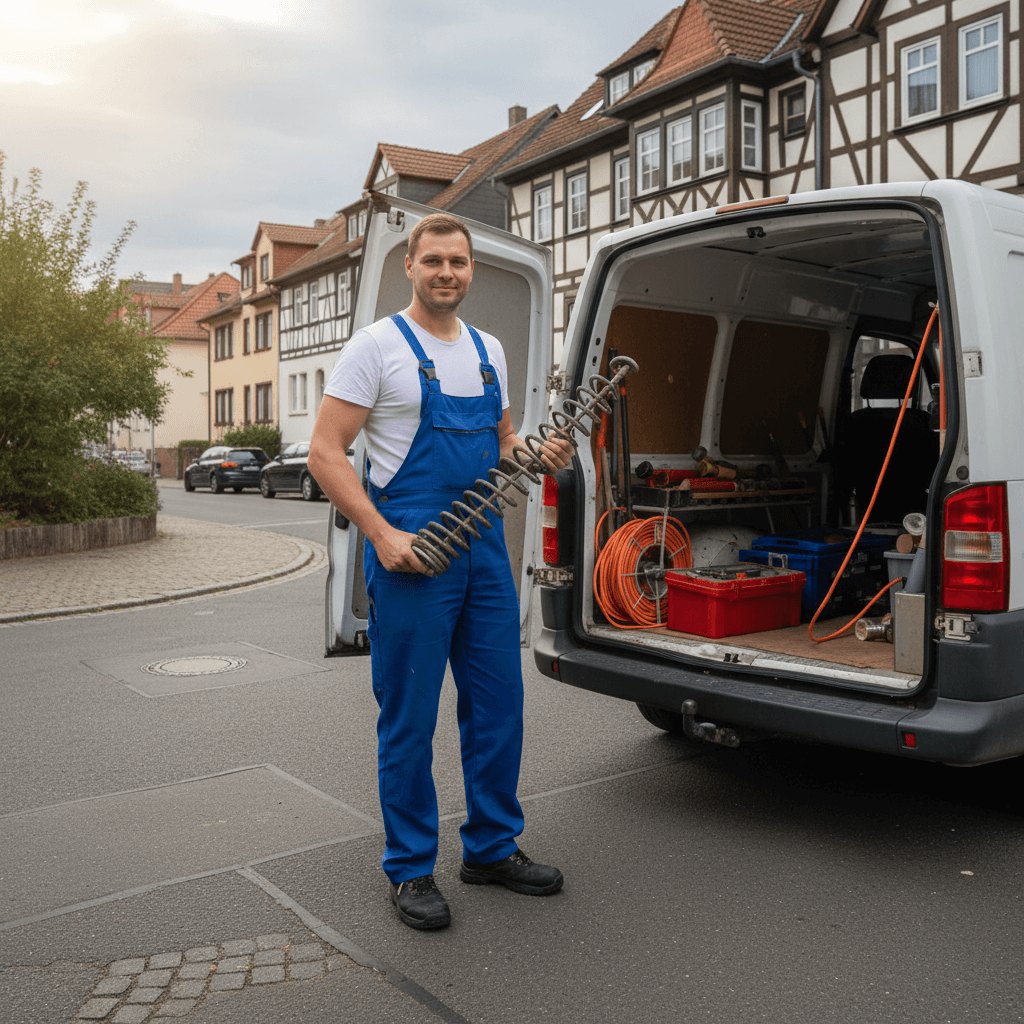Techniker für Rohrreinigung vor Einsatzfahrzeug in Frankfurt